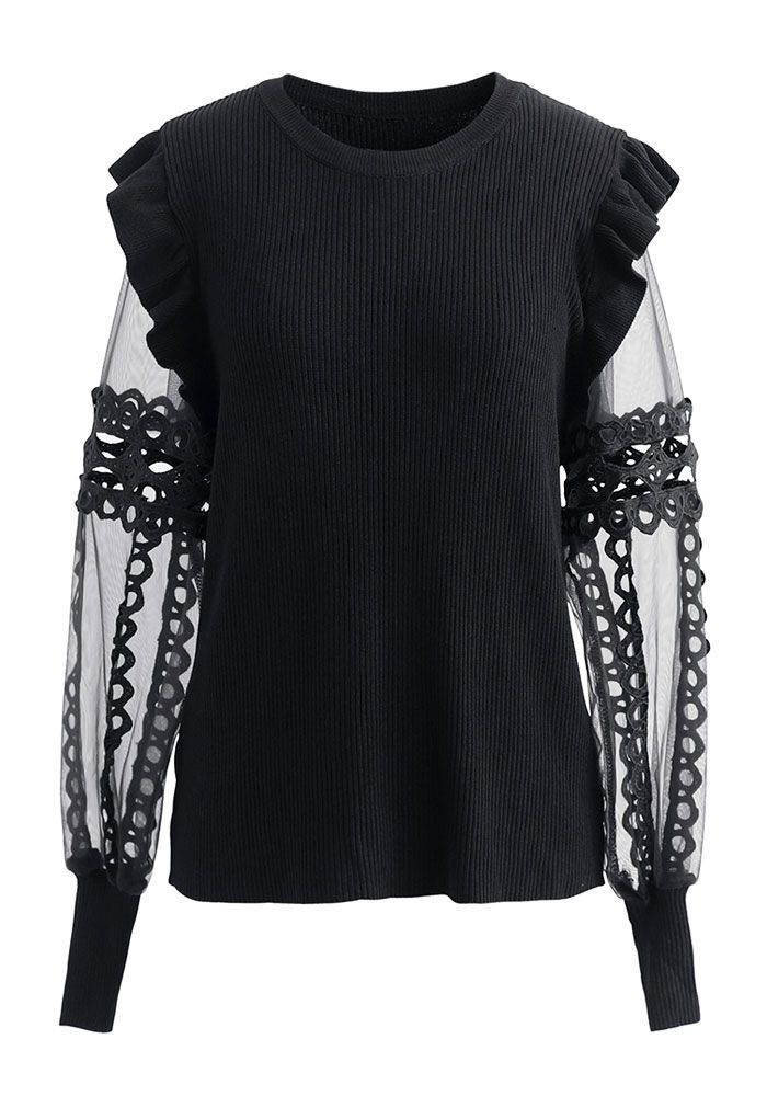 Lace-Adorned Mesh Sleeve Knit Top in Black