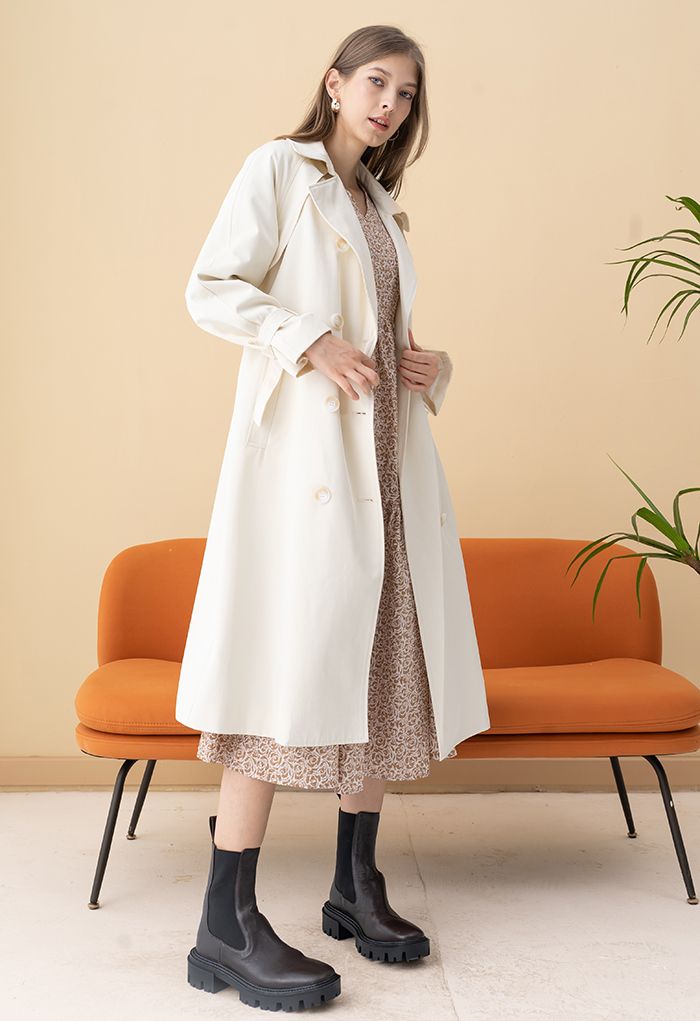 Double-Breasted Belted Trench Coat in Cream