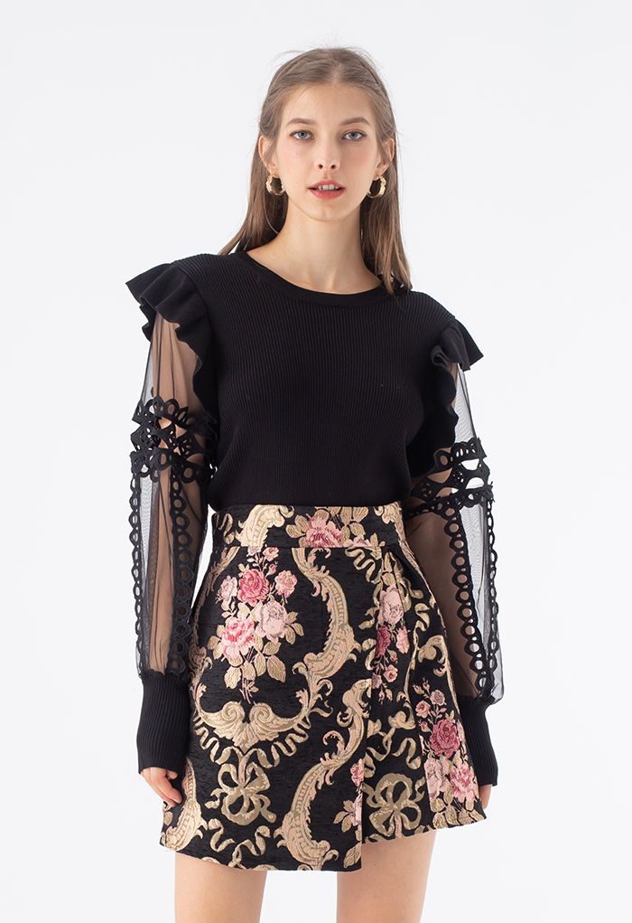Baroque Peony Jacquard Flap Mini Skirt - Retro, Indie and Unique Fashion