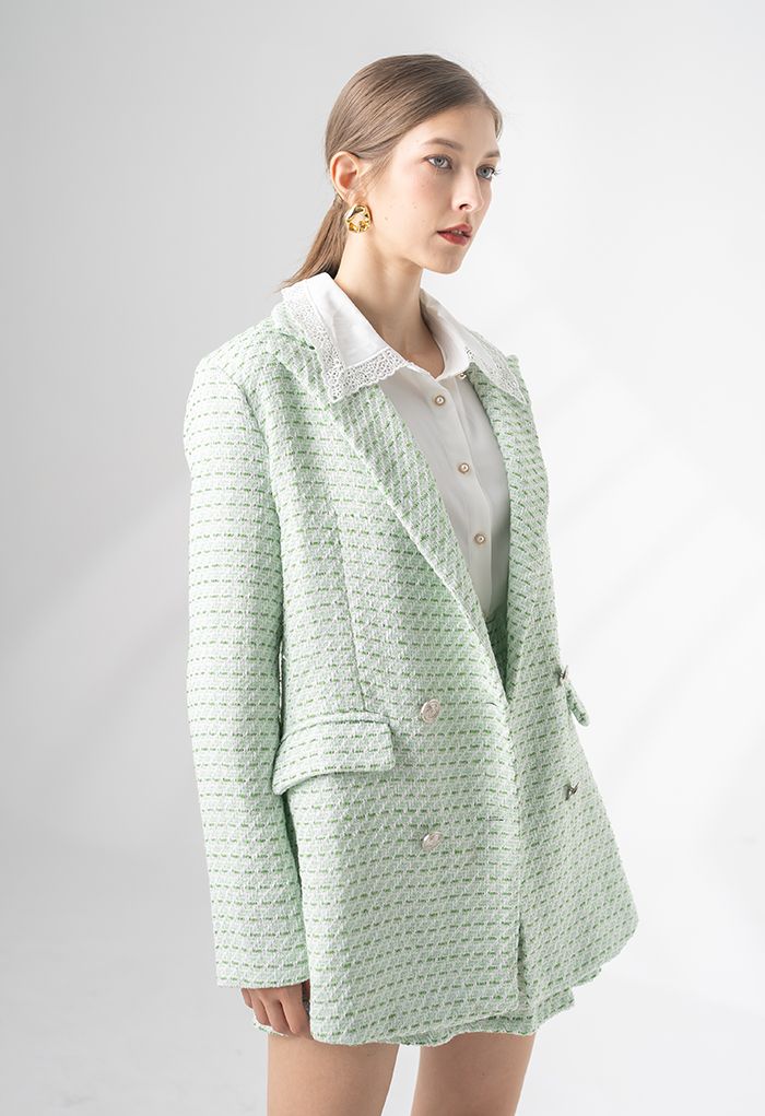 Green Pocket Double-Breasted Tweed Blazer