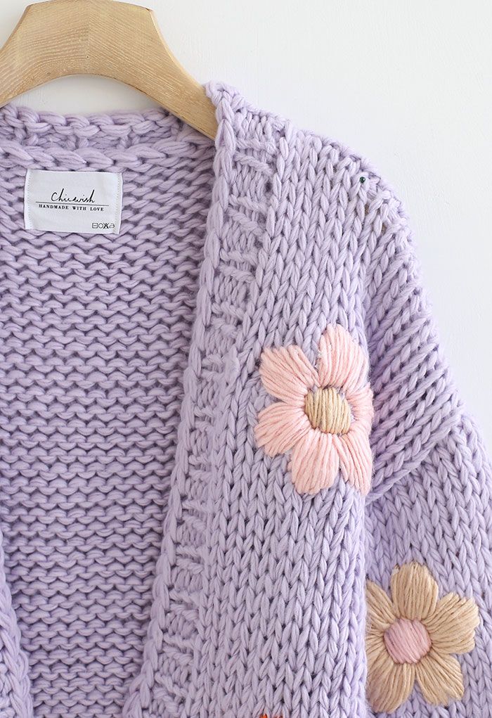 Stitch Flowers Hand-Knit Chunky Cardigan in Lilac