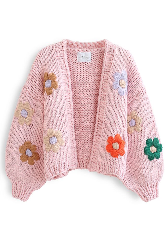 Chunky Floral Cardigan Hand Knit Cardigan Crop Cardigan Pink Cardigan Flower Cardigan