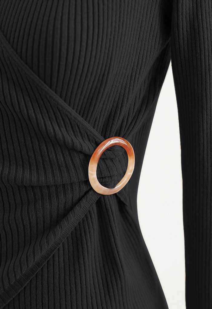 O-Ring Rib Knit Wrap Top in Black