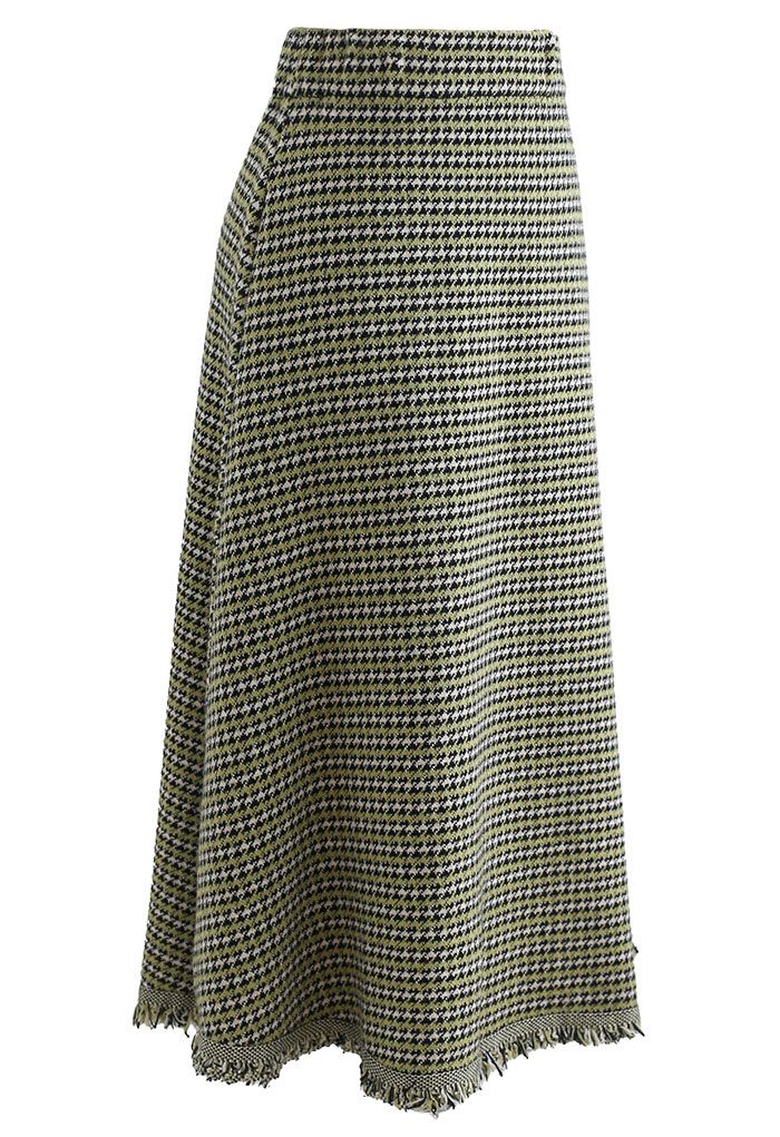 Houndstooth Fringed Hem Knit Midi Skirt in Green - Retro, Indie and ...