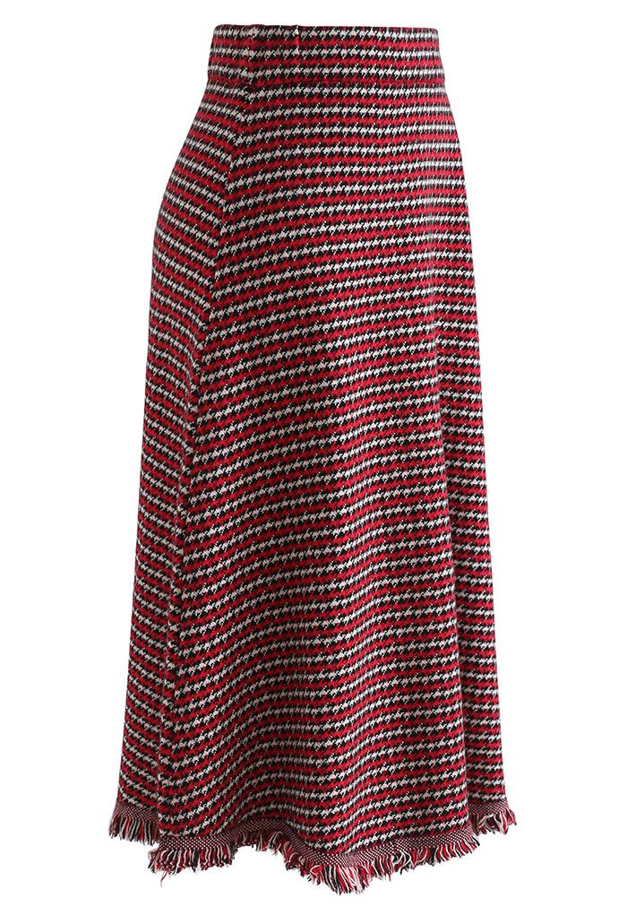 Houndstooth Fringed Hem Knit Midi Skirt in Red - Retro, Indie and