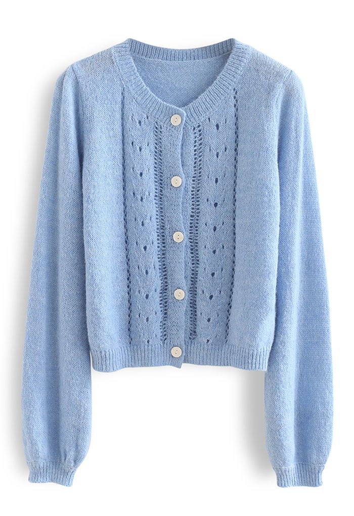 Hollow Out Fuzzy Knit Cardigan in Blue