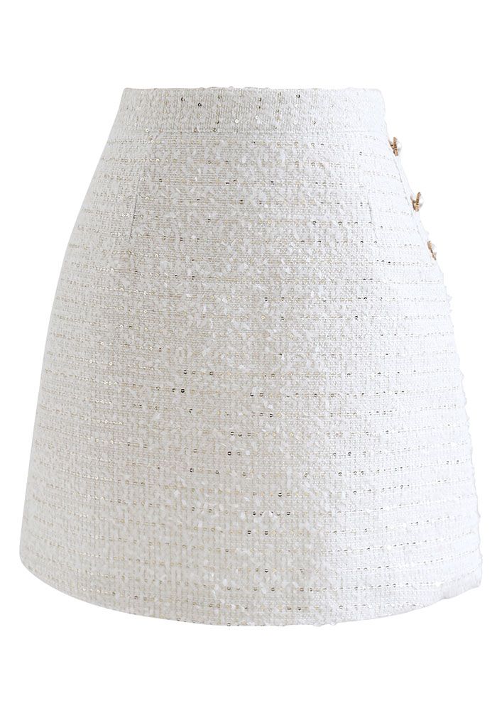 Button Trim Sequined Tweed Mini Skirt in White - Retro, Indie and ...