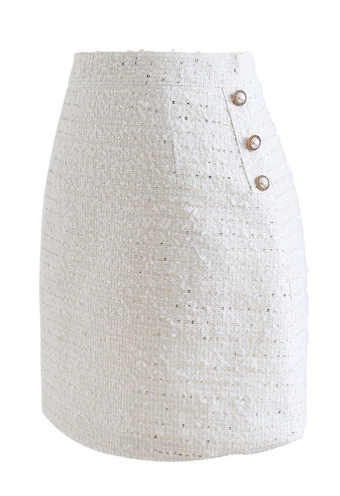 Button Trim Sequined Tweed Mini Skirt in White