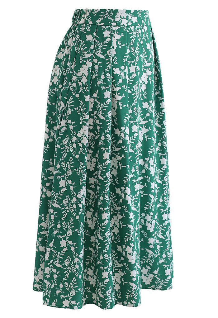 Floret Shadow Pleated Midi Skirt in Green - Retro, Indie and Unique Fashion
