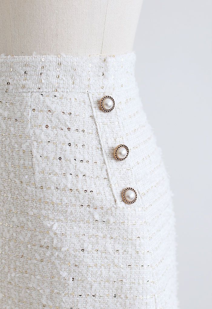 Button Trim Sequined Tweed Mini Skirt in White