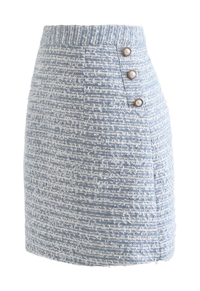 Button Trim Sequined Tweed Mini Skirt in Blue