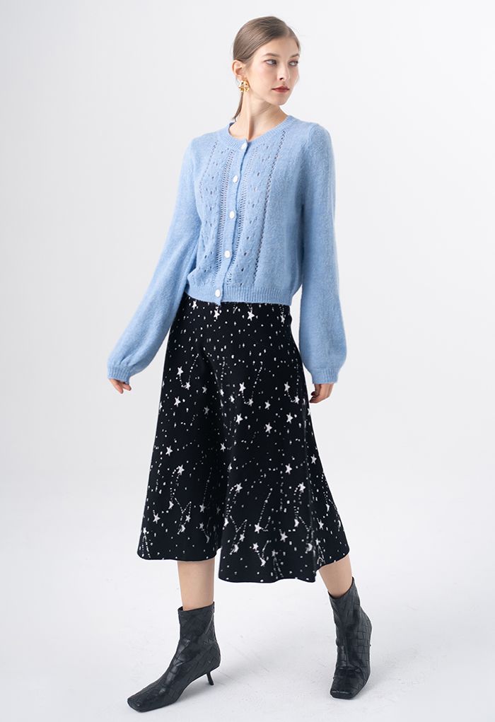 Hollow Out Fuzzy Knit Cardigan in Blue