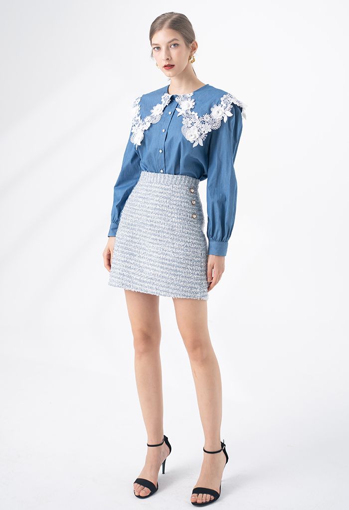 Button Trim Sequined Tweed Mini Skirt in Blue - Retro, Indie and Unique ...
