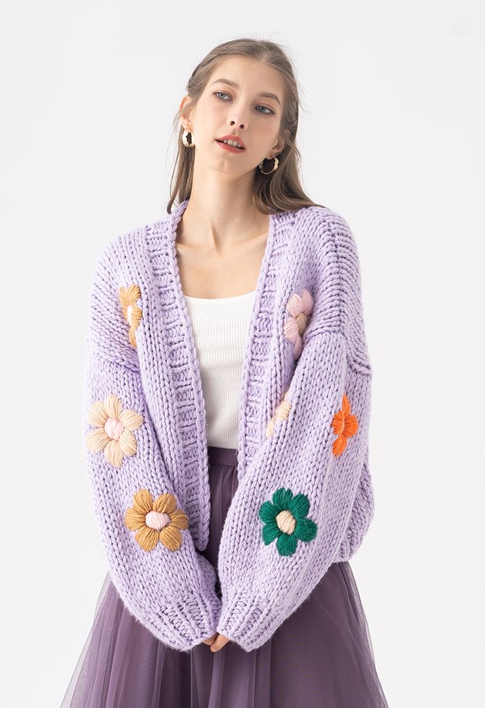 Stitch Flowers Hand-Knit Chunky Cardigan in Lilac - Retro, Indie Fashion