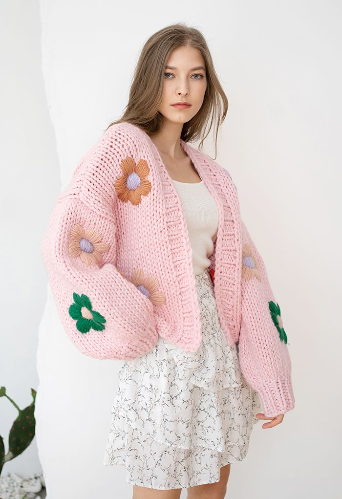 Stitch Flowers Hand-Knit Chunky Cardigan in Pink - Retro, and Unique