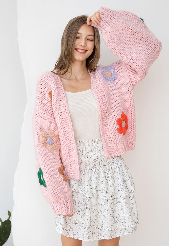 Stitch Flowers Hand-Knit Chunky Cardigan in Pink