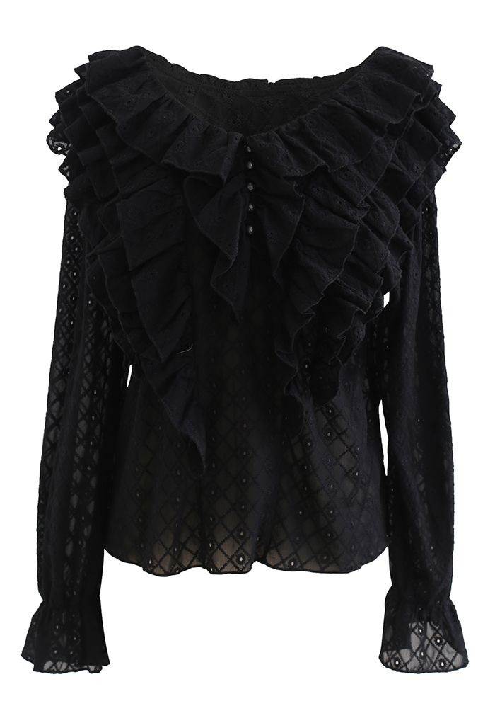 Tiered Ruffle Neck Embroidered Chiffon Top in Black - Retro, Indie and ...