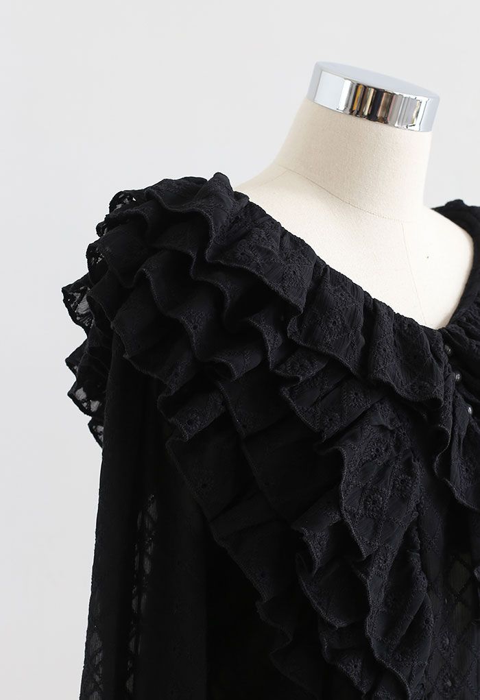 Tiered Ruffle Neck Embroidered Chiffon Top in Black - Retro, Indie and ...