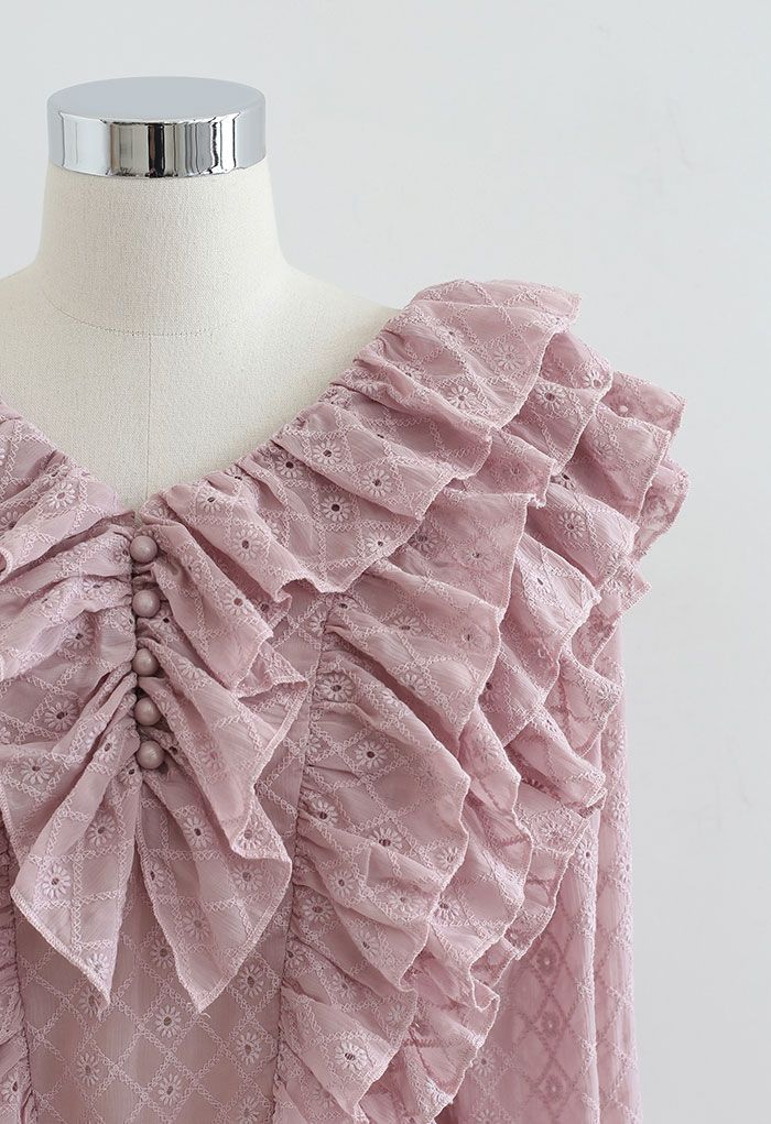 Tiered Ruffle Neck Embroidered Chiffon Top in Pink - Retro, Indie and ...
