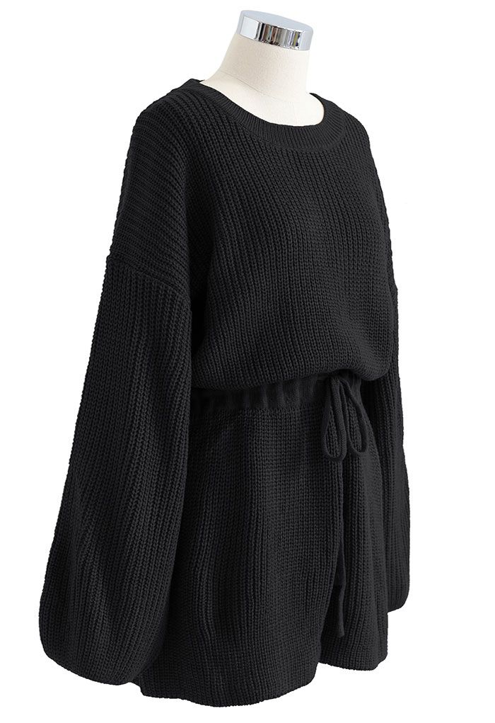 Drawstring Waist Rib Knit Playsuit in Black