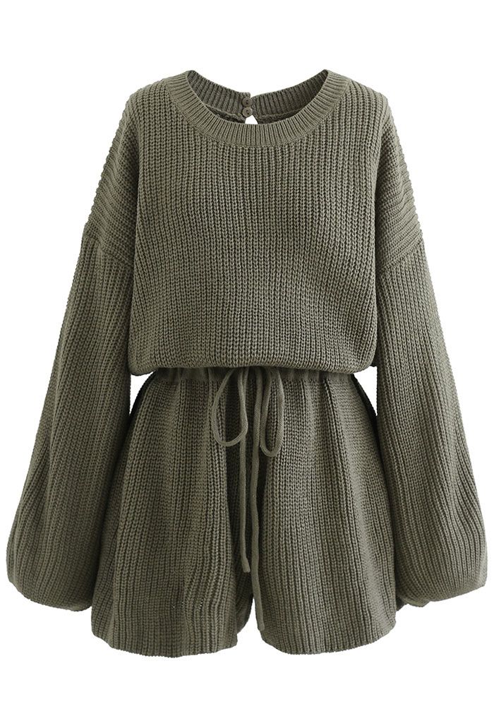 Drawstring Waist Rib Knit Playsuit in Army Green - Retro, Indie and ...