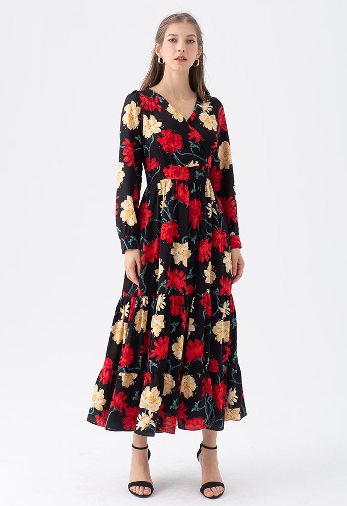 Passionate Blossom Frilling Wrapped Maxi Dress