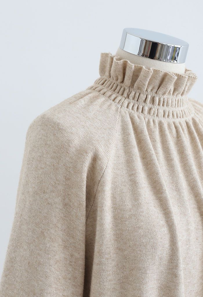 High Neck Ruffle Crop Knit Sweater in Camel - Retro, Indie and Unique ...