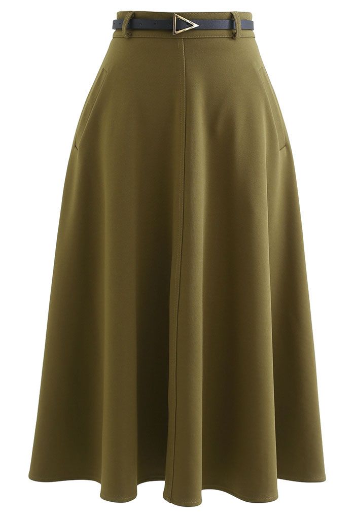 Slanted Side Pocket Belted A-Line Midi Skirt in Khaki - Retro, Indie ...