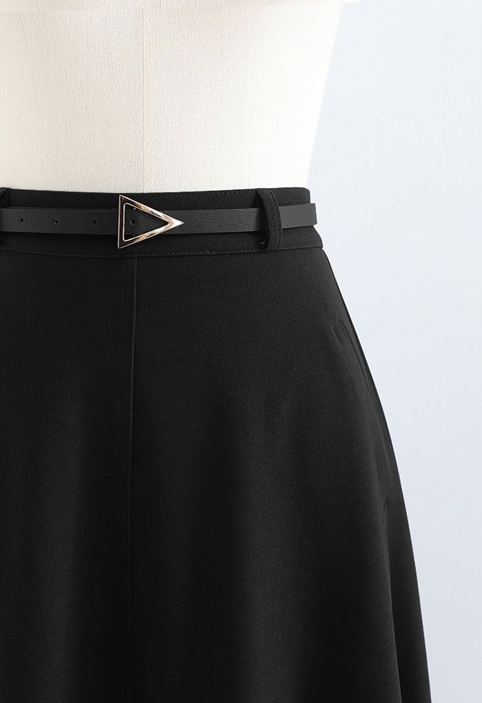 Slanted Side Pocket Belted A-Line Midi Skirt in Black