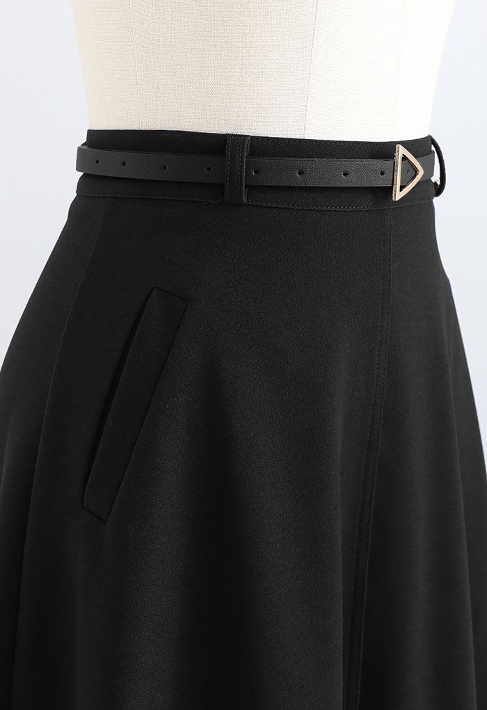 Slanted Side Pocket Belted A-Line Midi Skirt in Black
