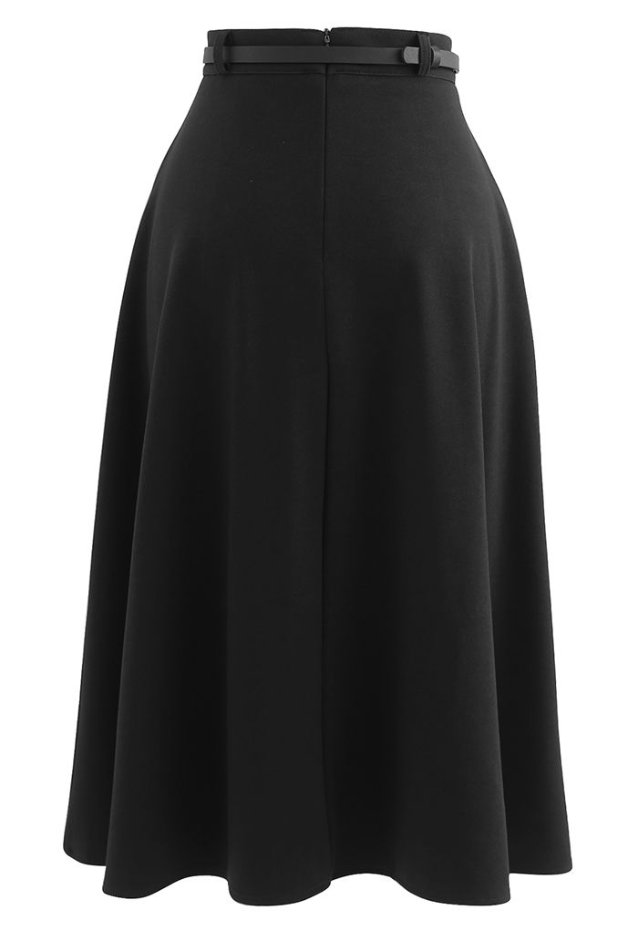 Slanted Side Pocket Belted A-Line Midi Skirt in Black - Retro, Indie ...