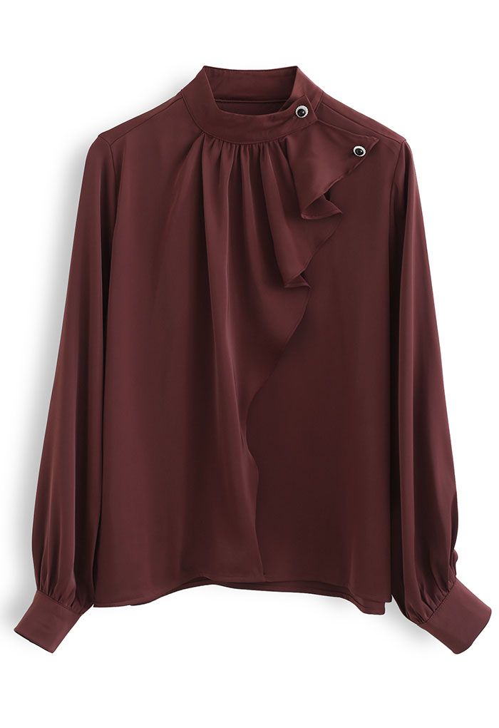 Buttoned Ruffle High Neck Satin Top in Burgundy - Retro, Indie and ...