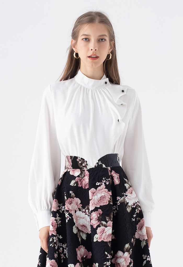 Buttoned Ruffle High Neck Satin Top in White - Retro, Indie and Unique ...