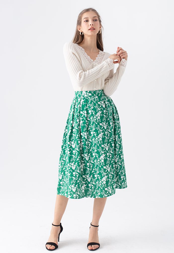 Floret Shadow Pleated Midi Skirt in Green