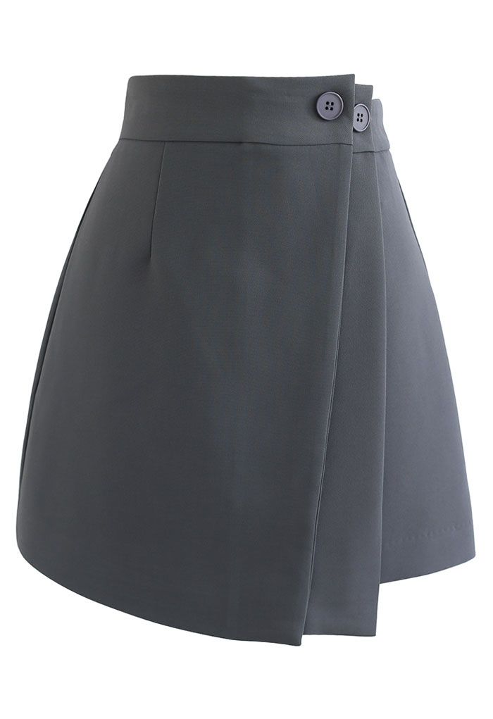 Double Flap Buttoned Mini Skirt in Grey - Retro, Indie and Unique Fashion