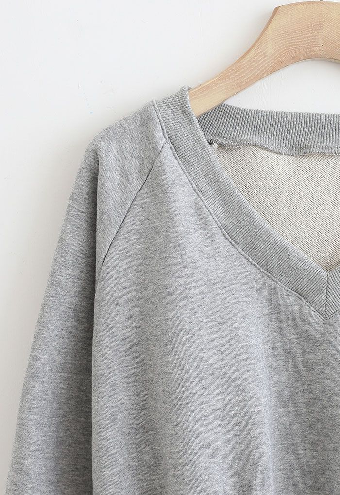 Cotton V-Neck Oversized Crop Sweatshirt in Grey - Retro, Indie and ...