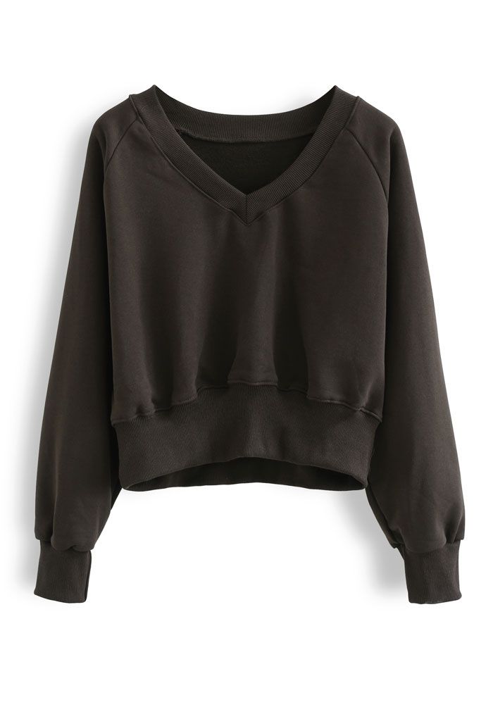 Cotton V-Neck Oversized Crop Sweatshirt in Brown - Retro, Indie and ...