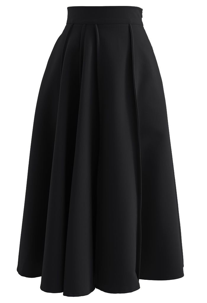 High Waist Seam Detailing A-Line Midi Skirt in Black - Retro, Indie and ...