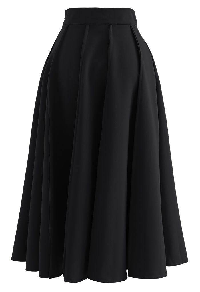 High Waist Seam Detailing A-Line Midi Skirt in Black - Retro, Indie and ...