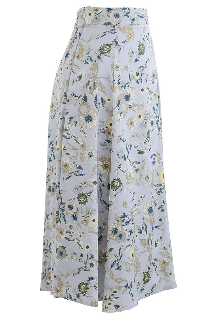 Daisy Print Satin Midi Skirt in Blue - Retro, Indie and Unique Fashion