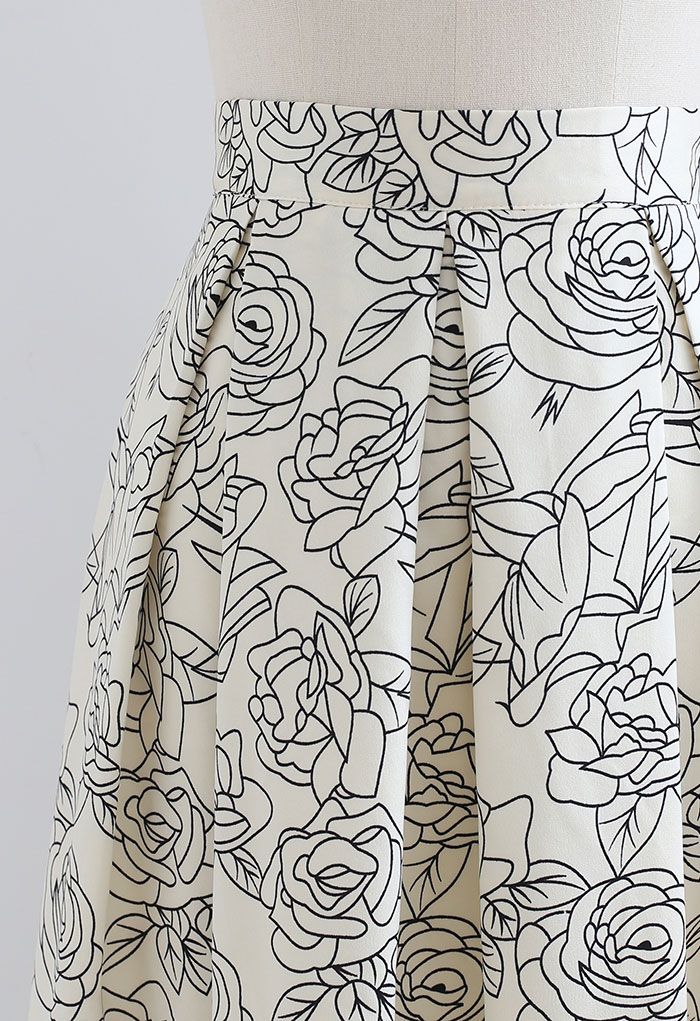 Sketch Rose Pleated Midi Skirt