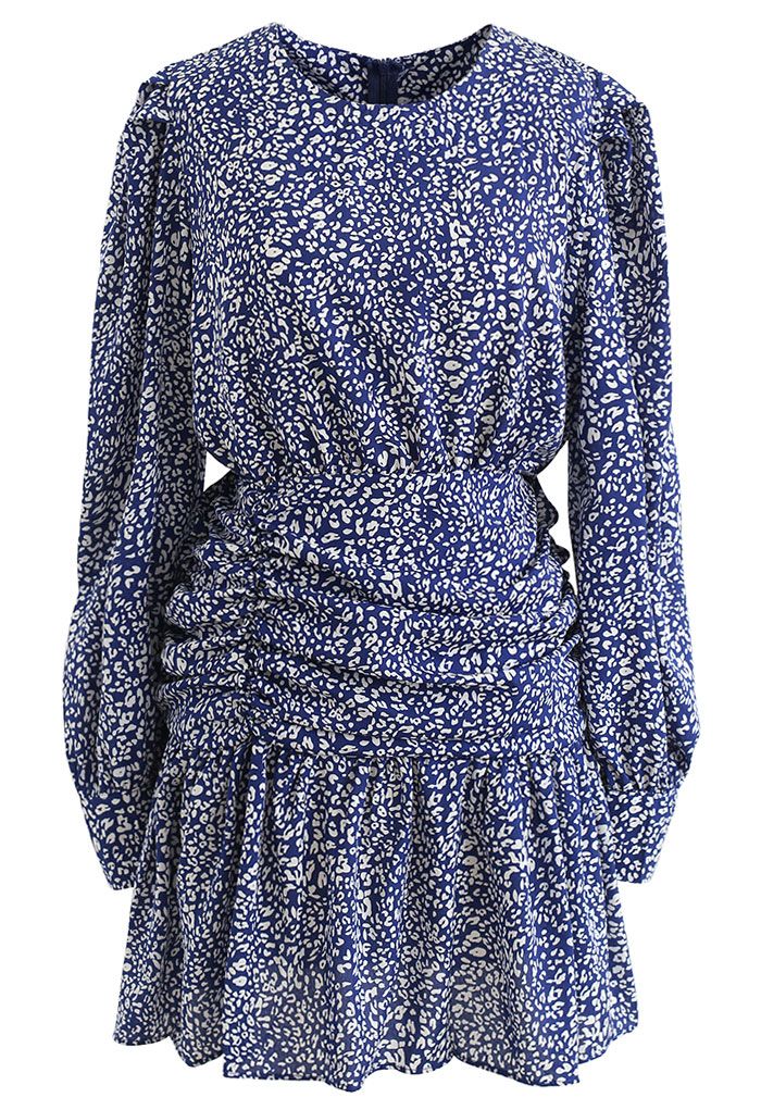 Wild Animal Ruched Frill Hem Mini Dress in Blue - Retro, Indie and ...