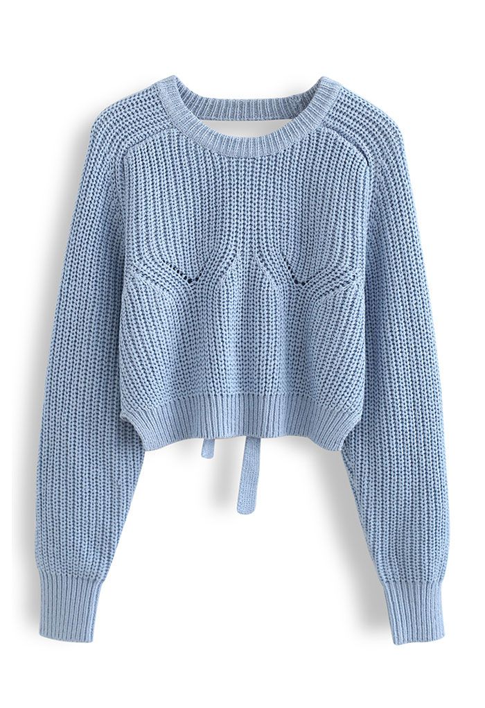 Open Back Tie Bow Crop Rib Knit Sweater in Blue