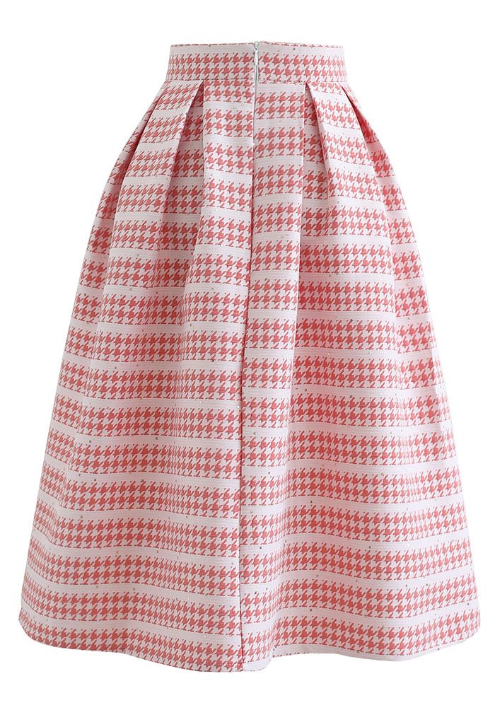 Embossed Houndstooth Sequined Pleated Skirt in Blush Pink