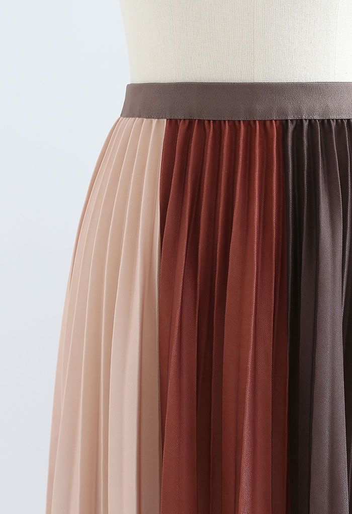 Pleated Sheen Color Block Midi Skirt in Caramel - Retro, Indie and ...