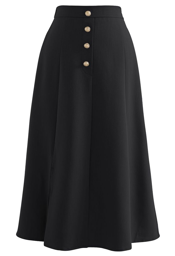 Golden Button Trim Front Slit Midi Skirt in Black - Retro, Indie and ...