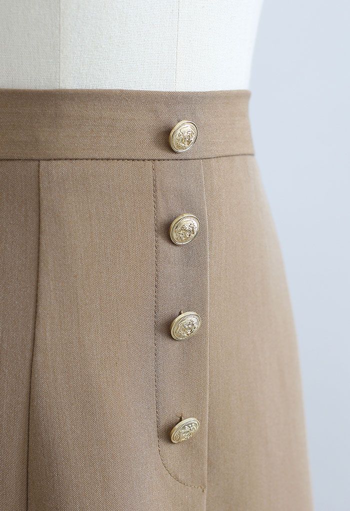 Golden Button Trim Front Slit Midi Skirt in Tan