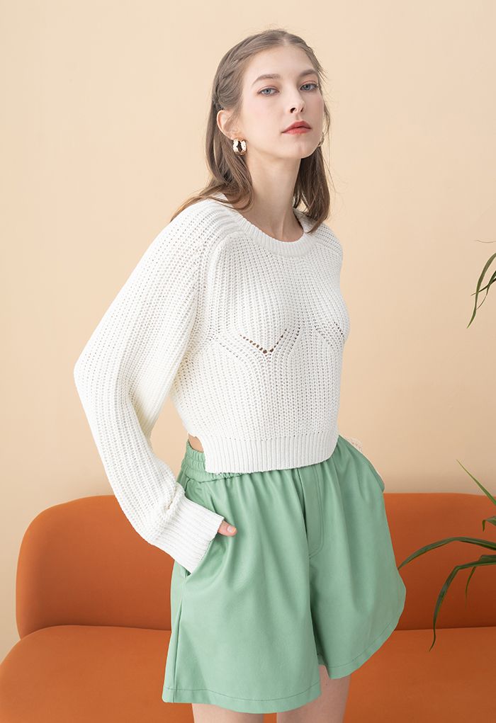 Open Back Tie Bow Crop Rib Knit Sweater in White