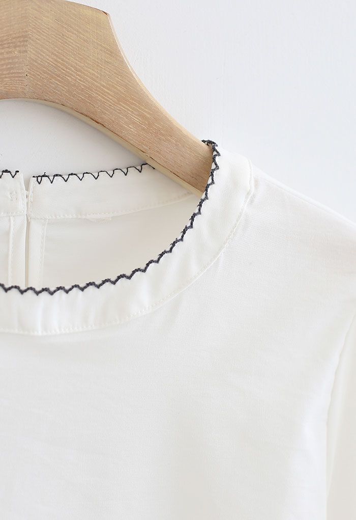 Stitch Edge Round Neck Smock Top in White - Retro, Indie and Unique Fashion