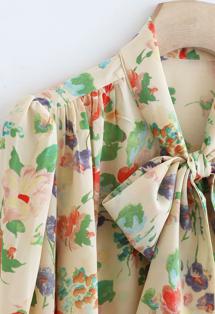 Mellow Floral Print Self-Tie Bowknot Chiffon Shirt